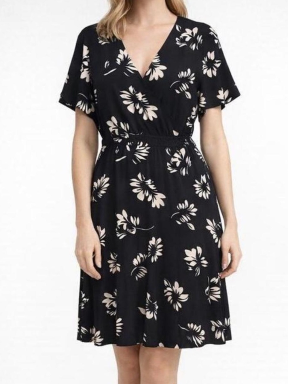 Navy and White Floral Dress Surplice Wrap Dress Flutter Sleeve